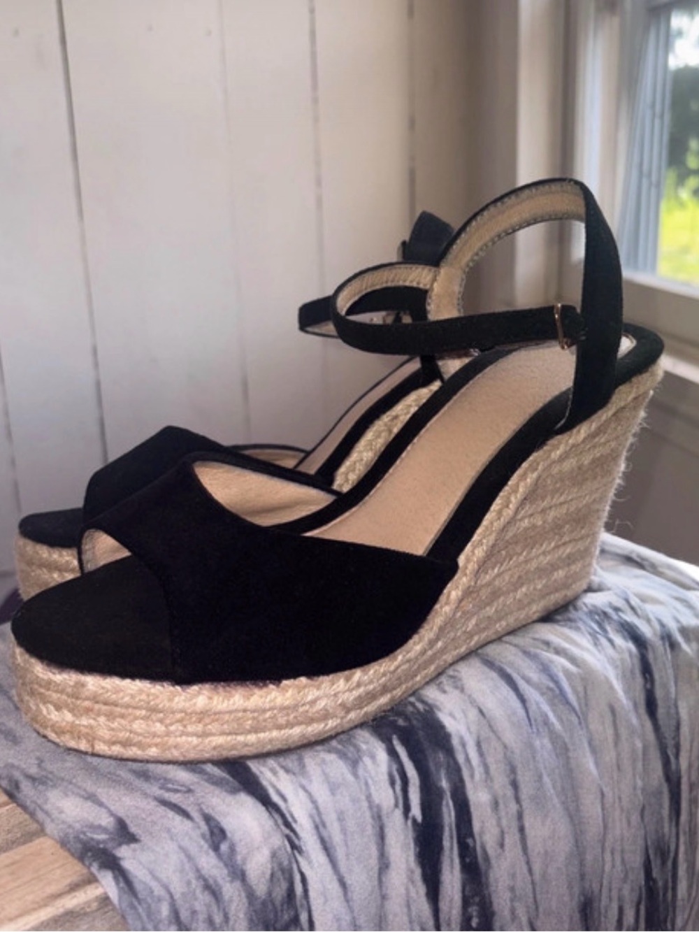 Black Espadrille Wedge Sandals with Ankle Strap